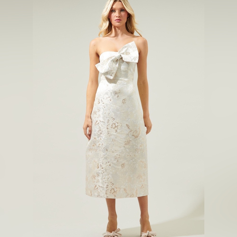 Sugarlips Lola Jacquard Champagne Bow Strapless Midi Dress